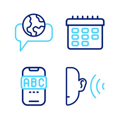 Poster - Set line Ear listen sound signal, Foreign language online study, School timetable and Learning foreign languages icon. Vector