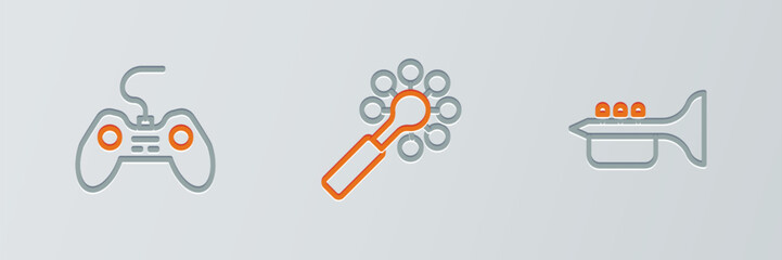 Poster - Set line Trumpet, Gamepad and Rattle baby toy icon. Vector