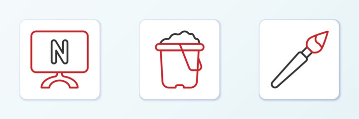Poster - Set line Paint brush, Smart Tv and Sand bucket icon. Vector