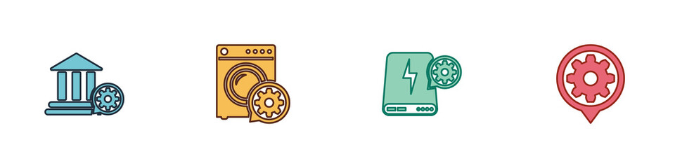 Sticker - Set Bank building setting, Washer, Power bank and Setting icon. Vector