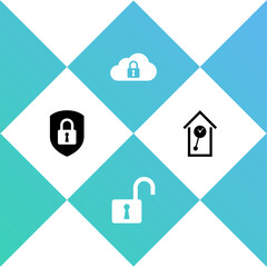 Poster - Set Shield security with lock, Open padlock, Cloud computing and Retro wall watch icon. Vector