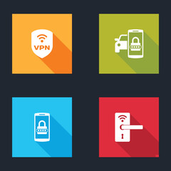 Poster - Set Shield with VPN wireless, Smart car security system, Mobile and password and Digital door lock icon. Vector