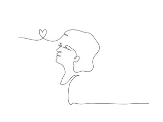 Wall Mural - Continuous line art of a person with heart symbol, self love concept. Lineart vector illustration.