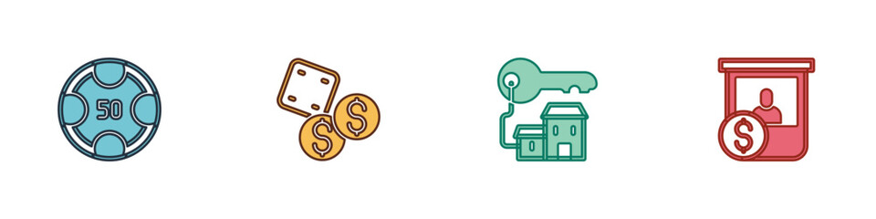 Poster - set casino chips, game dice, winning house with key and exchange icon. vector