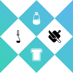 Sticker - Set Kitchen ladle, Bread toast, Salt and Cutting board and knife icon. Vector