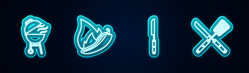 Poster - Set line Barbecue grill, Hot chili pepper pod, knife and Crossed and spatula. Glowing neon icon. Vector