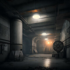Poster - A dark room with stairs and a ceiling fan . Generative AI.