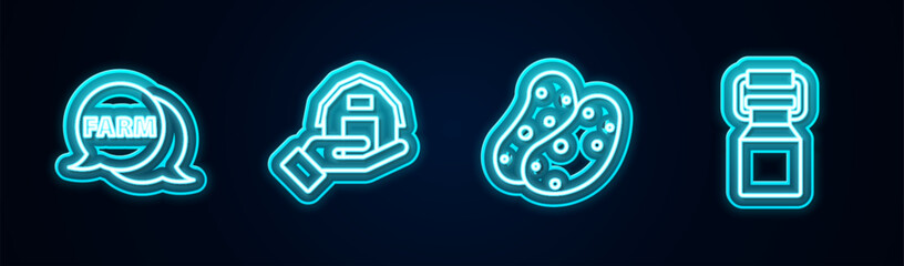 Sticker - Set line Speech bubble with Farm, house in hand, Potato and Can container for milk. Glowing neon icon. Vector