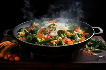 steaming vegetables and noodles in a hot wok