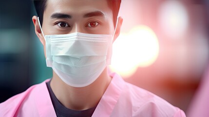 Sticker - Smiling Asian surgeon in mask looking at camera on pink background banner