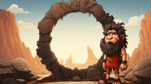 Cartoon Caveman On The Rock In The Desert - Illustration For Children.