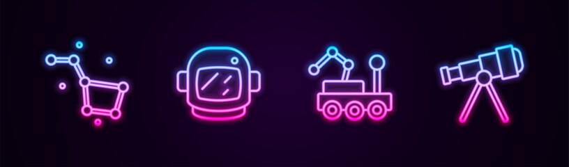 Fototapete - Set line Great Bear constellation, Astronaut helmet, Mars rover and Telescope. Glowing neon icon. Vector