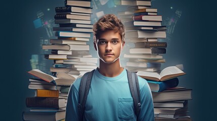 Poster - Young male student with books on light background Back To School idea