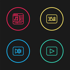 Poster - Set line Music or video settings, Play button, Audio jack and player icon. Vector