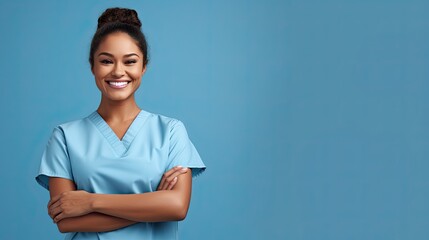 Poster - Smiling Latin nurse with clipboard on blue background healthcare beauty physiotherapy banner