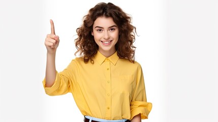 Poster - Energetic student proudly promoting product on white background