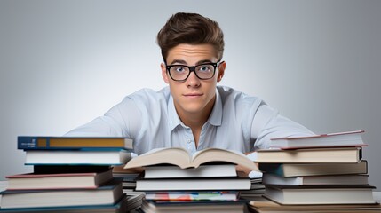 Poster - Young male student with books on light background Back To School idea