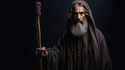 An isolated prophet holding a staff against a black background Ample space available