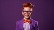 Teenage boy with red hair glasses and bow ties On purple background