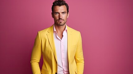 Successful male CEO looking confident and stylish in a trendy yellow suit isolated against a pink backdrop