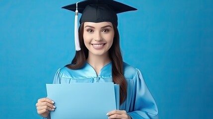 Poster - Smiling nurse holding clipboard blue background Healthcare beauty care banner