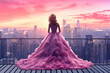 A woman in a flowing ball gown standing on a rooftop 