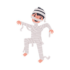 Sticker - Happy Boy at Halloween Party in Mummy Costume Vector Illustration