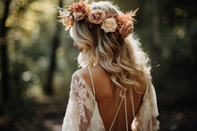 Close Up Of The Bride's Flower Crown Featuring Fall Foliage And Delicate Blooms. 