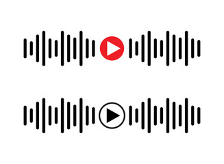 Sound wave icon, podcast player interface, music symbol, sound wave, loading progress bar and buttons.