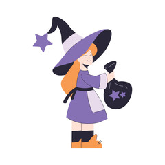 Sticker - Happy Girl at Halloween Party Standing in Witch Costume with Bag Vector Illustration