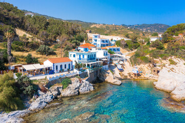 Wall Mural - Aerial drone photo of picturesque small village of Gialiskari, Ikaria island, Aegean, Greece