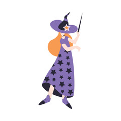 Poster - Happy Woman Character at Halloween Party Standing in Witch Costume with Magic Wand Vector Illustration