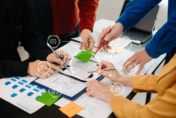  UX developer and ui designer brainstorming about mobile app interface wireframe design with customer breif and color code at modern office...