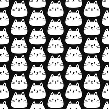 Simple Cute Cat Pattern. Seamless Vector Pattern With White Cat Head On Black Background