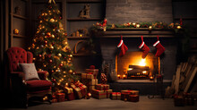 Christmas Scene With Christmas Tree, Chair And Fireplace