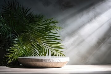 Canvas Print - Marble table with coconut leaves shadow on concrete wall background, suitable for display and mock up purposes.