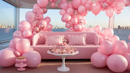 Barbie pink balloon decoration yacht party, barbie pink style yacht party, pink balloon and food decoration birthday party, pink style wedding