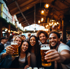 Wall Mural - Friends at the Oktoberfest in Germany, toasting with big mugs of beer, looking happy. Shallow field of view.