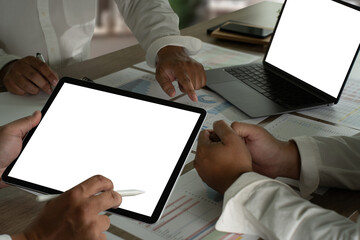 Poster - Laptop with blank screen on table. Workspace background new project on laptop computer with blank copy space screen for your advertising text message