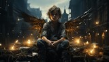 holy angel boy in old clothes with black wings, sitting on the background of the temple.Created with the help of AI