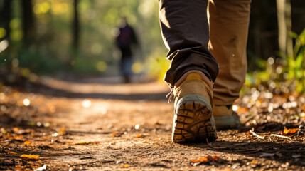 Canvas Print - A person walking on a path in the woods. Generative AI image.