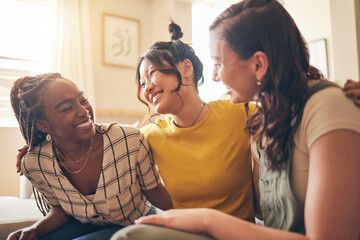 happy, hug and women friends gossip, speaking and bond with care, trust and story in their home. smi