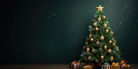 The Christmas tree is decorated with decorations and lights on a dark green background.