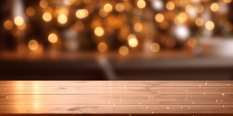 Sticker - Empty wooden table against the background of a Christmas tree and a blurred Christmas kitchen.