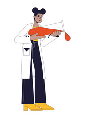 Poster - Scientist pouring liquid from tube flat line color vector character. Chemical experiment. Editable outline full body person on white. Simple cartoon spot illustration for web graphic design