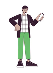 Poster - Muslim man buying ticket by smartphone flat line color vector character. Editable outline full body person on white. Using gadges simple cartoon spot illustration for web graphic design