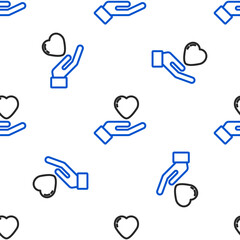 Sticker - Line Heart in hand icon isolated seamless pattern on white background. Hand giving love symbol. Valentines day symbol. Colorful outline concept. Vector