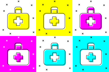 Sticker - Set First aid kit icon isolated on color background. Medical box with cross. Medical equipment for emergency. Healthcare concept. Vector Illustration