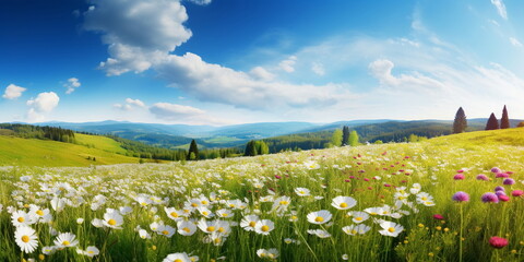 Wall Mural - beautiful colorful flowers on wild field at morning drops of dew and sun beam light