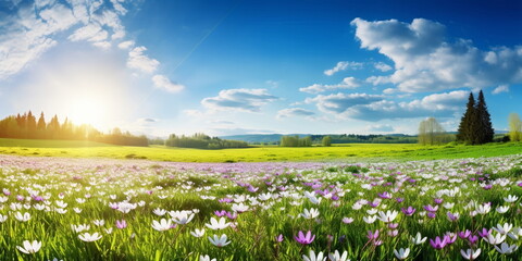 Wall Mural - beautiful colorful flowers on wild field at morning drops of dew and sun beam light